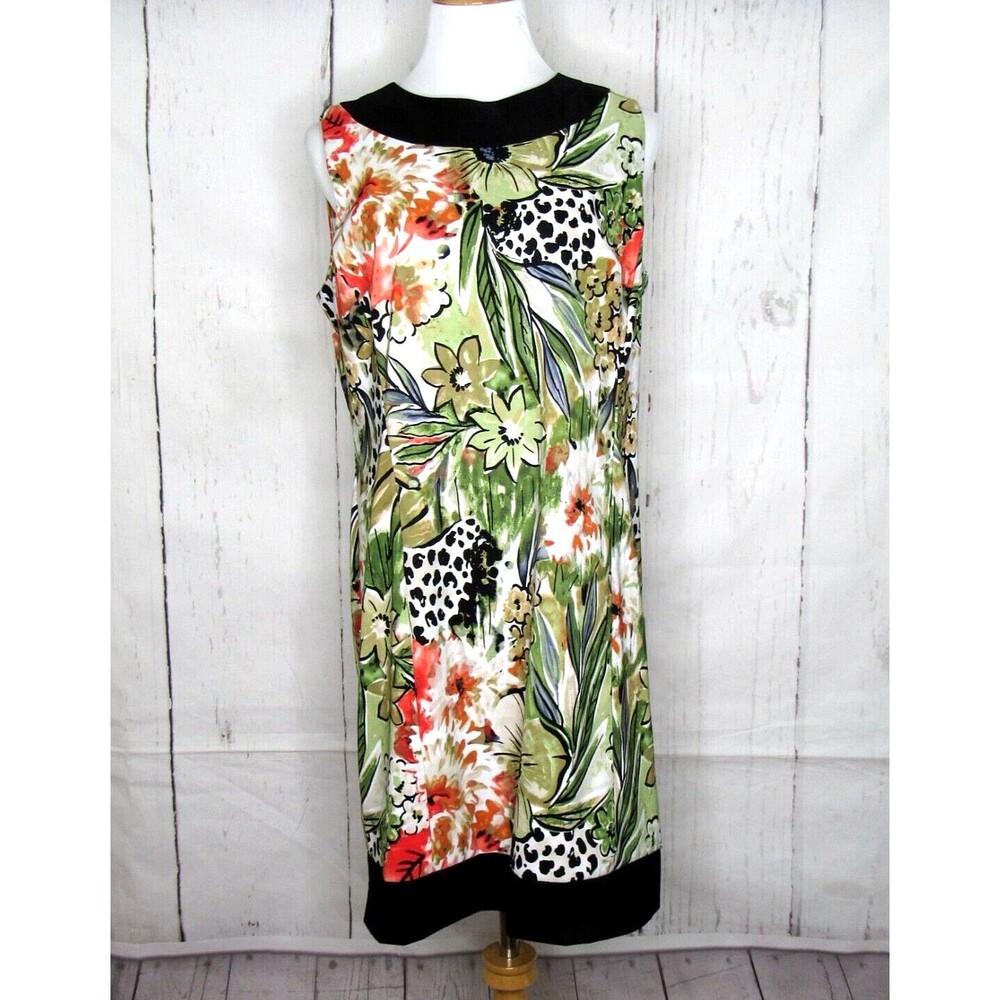 Kim Rogers Size 18 Sleeveless Shift Dress Multicolor Floral Black Trim Zip